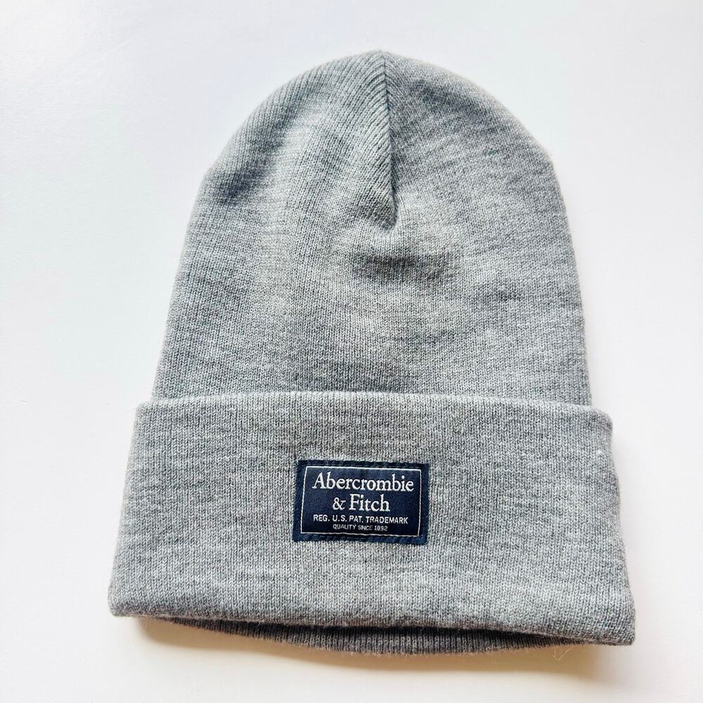 MEN ABERCROMBIE VINTAGE Grey Gray Logo Patch Ribbed Knit Cuff $78 Beanie Hat Cap